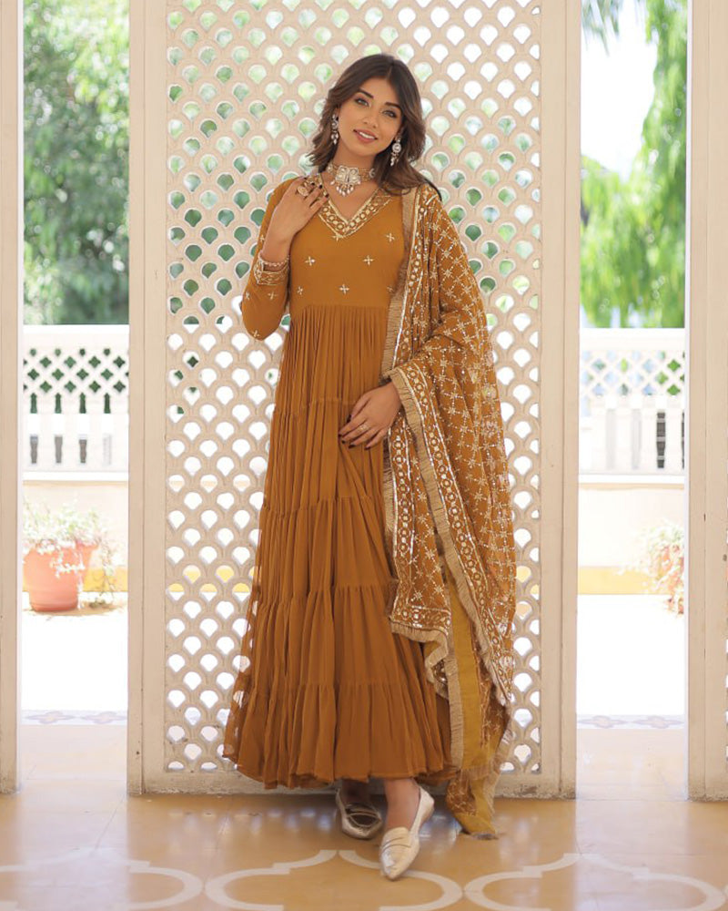 Designer Mustard Color Anarkali Gown With Embroidery Dupatta