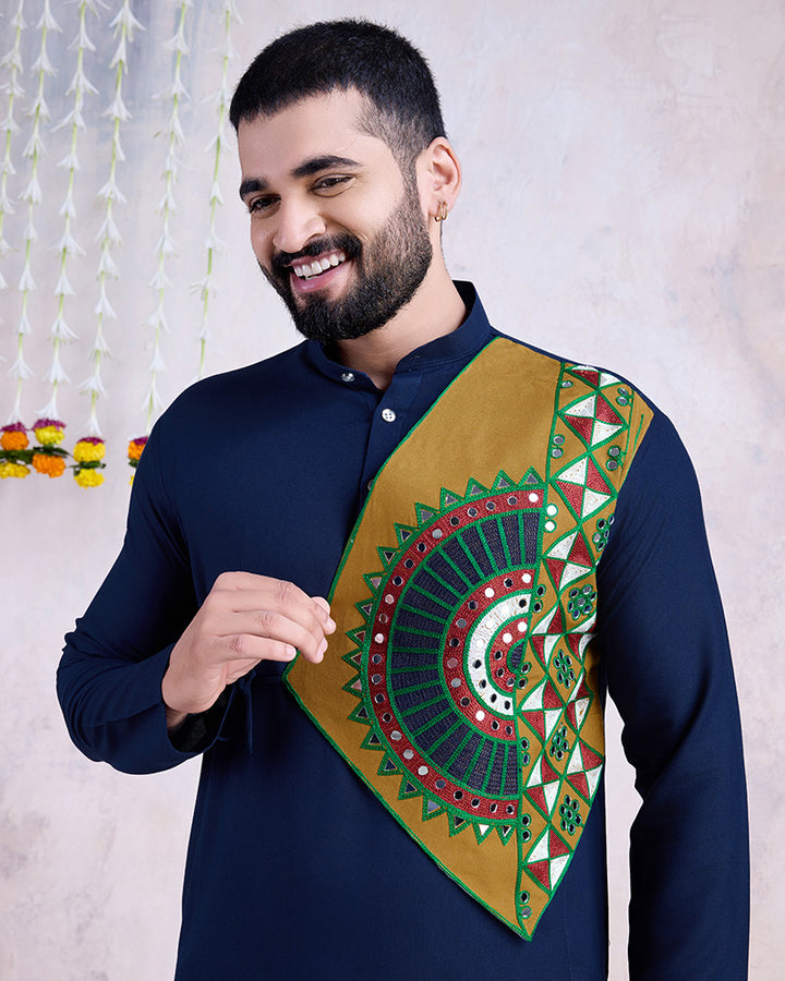 Navy Blue Color Rayon Embroidered Men's Kurta