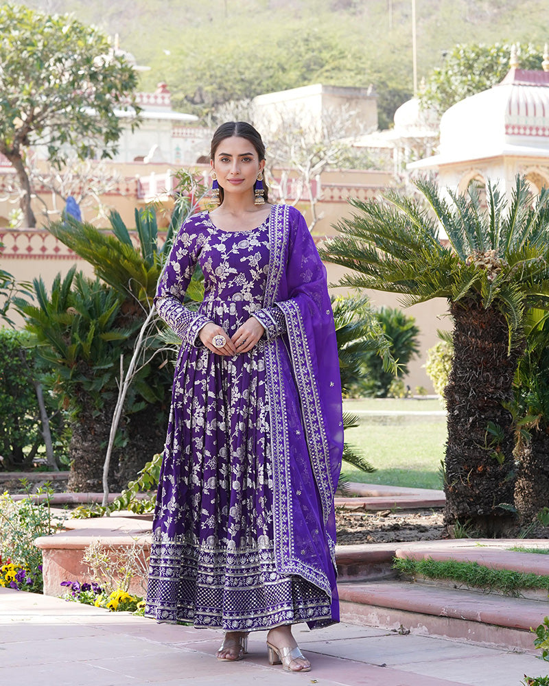 Beautiful Purple Color Viscose Jacquard Gown With Russian Silk Dupatta