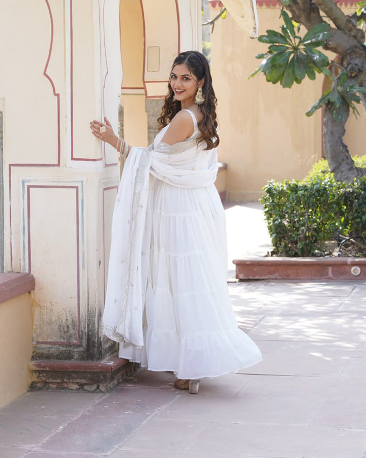 White Color Georgette Frill Gown With Embroidered Dupatta