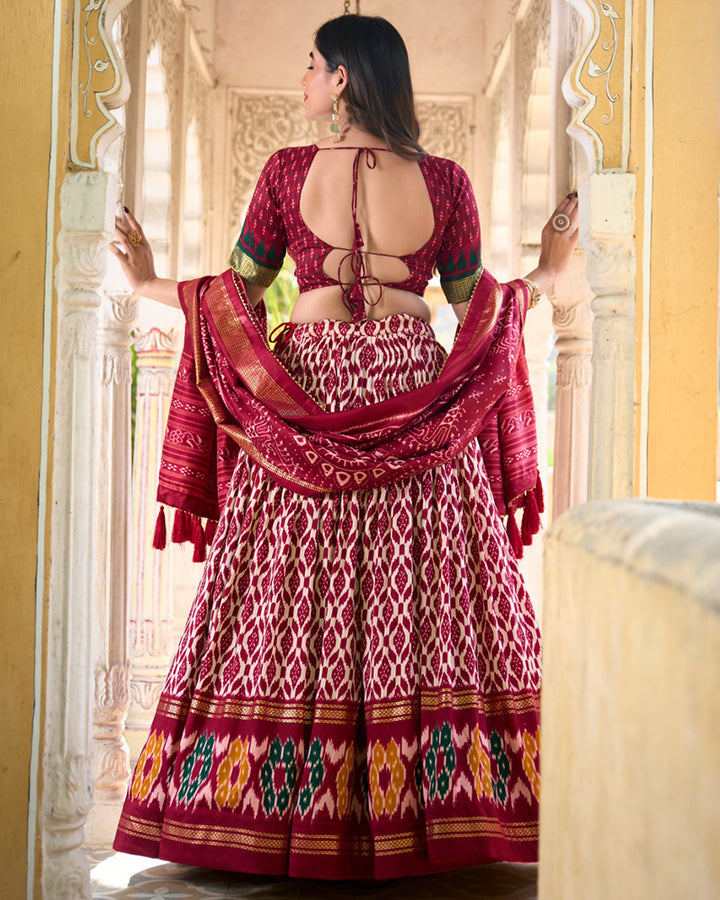 Maroon Color Tussar Silk Ikkat And Foil Work Lehenga Choli