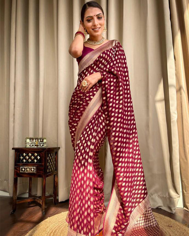 Designer Maroon Color Zari Weaving Banarasi Silk Saree