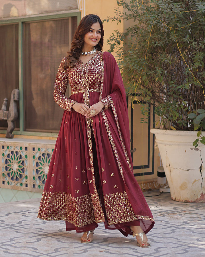 Brown Color Georgette Embroidered Sharara Suit