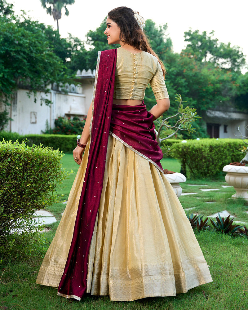 Designer Cream Color Kanchipuram Lehenga Choli