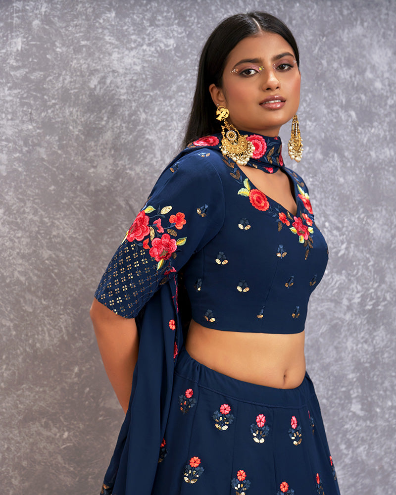 Teel Blue Color Thread And Embroidered Georgette Lehenga Choli