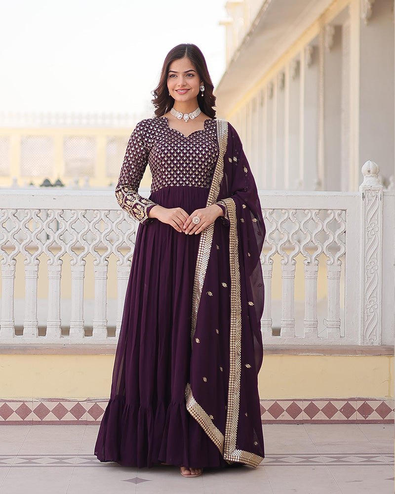 Beautiful Wine Color Blooming Anarkali Gown With Embroidered Dupatta