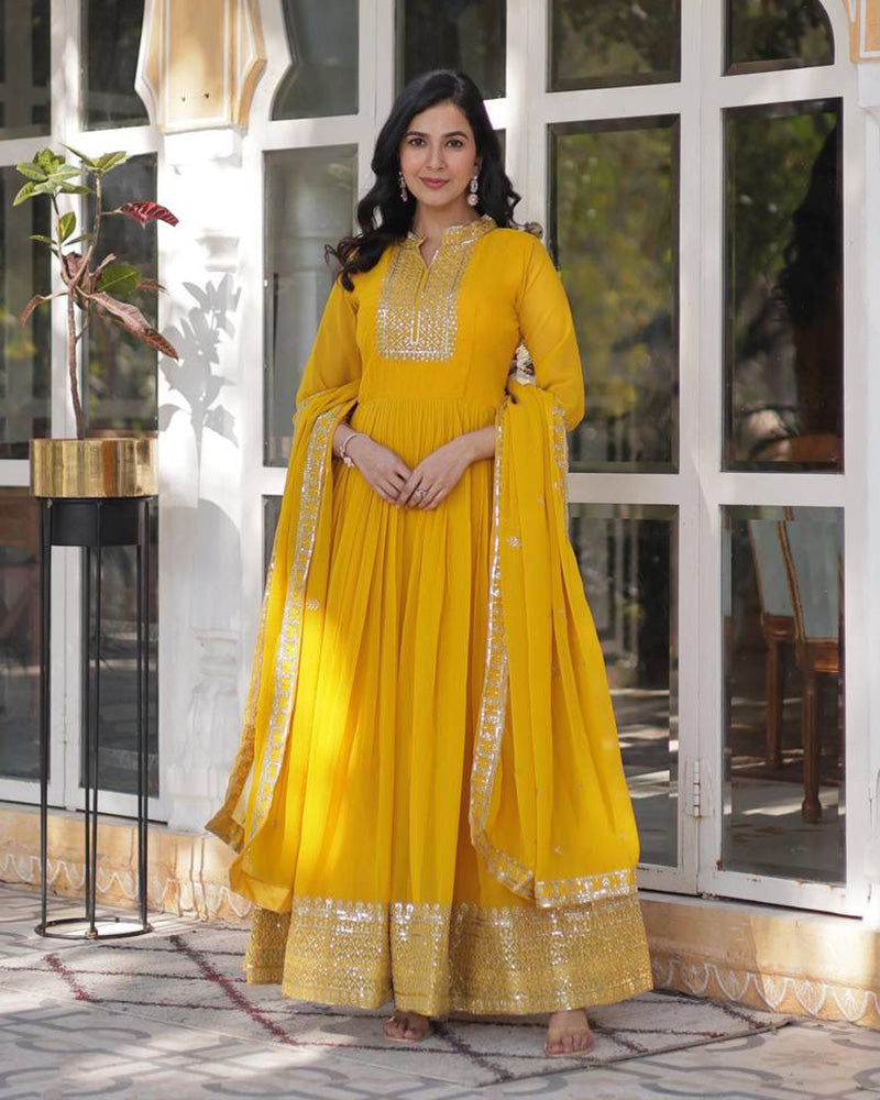 Designer Yellow Color Gown With Sequence Embroidered Dupatta