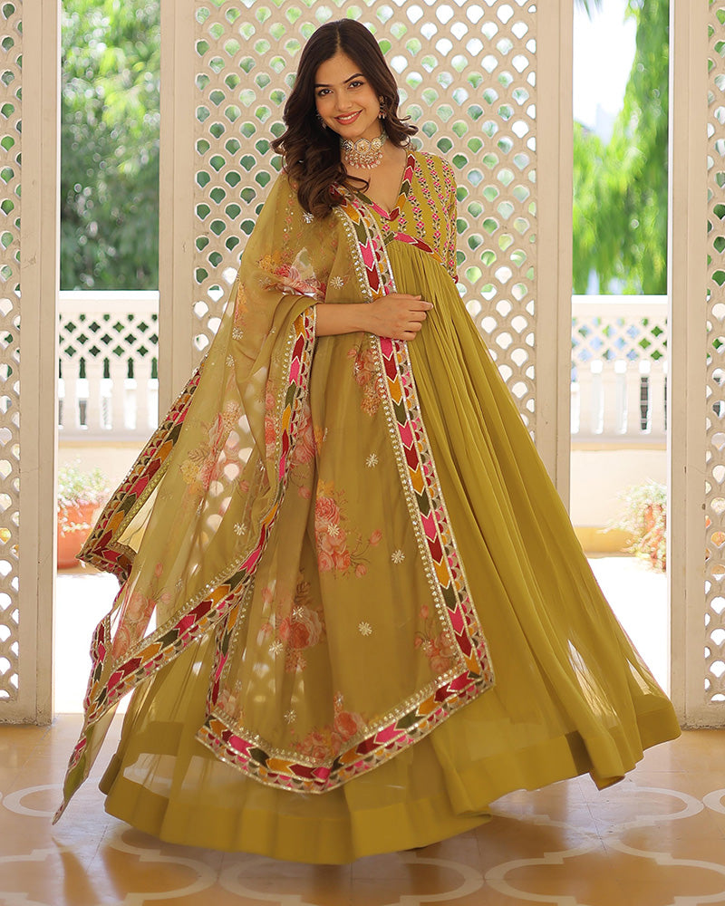 Pista Color Faux Georgette Embroidered Alia Cut Gown With Dupatta