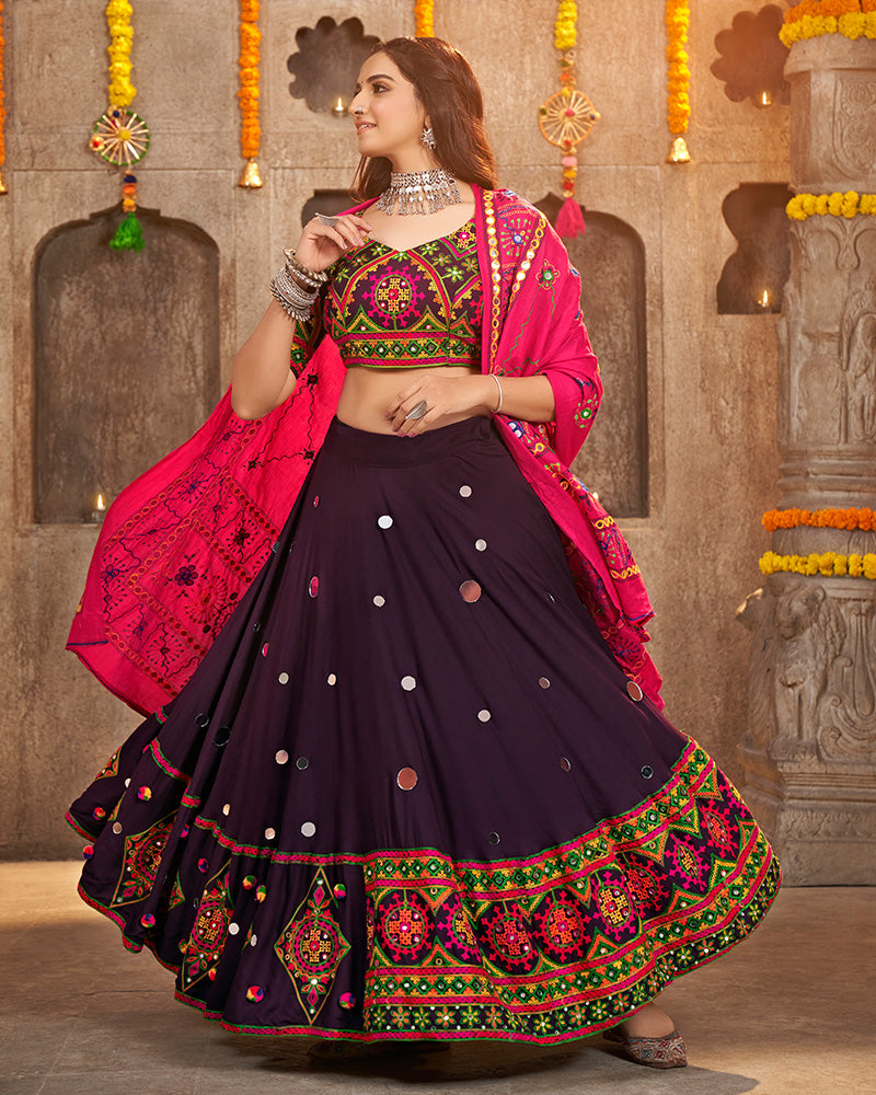 Purple Color Viscose Rayon Thread Embroidered Navratri Lehenga Choli