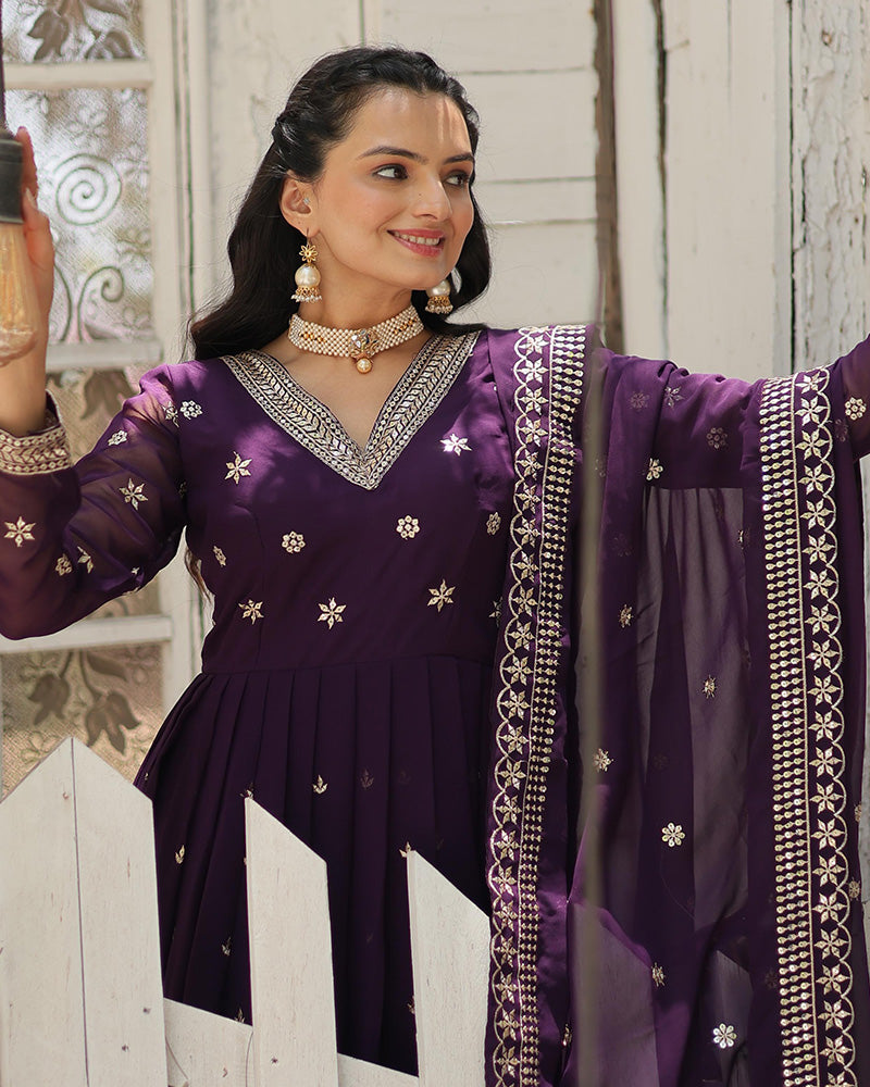 Purple Color Georgette Gown With Embroidered Dupatta