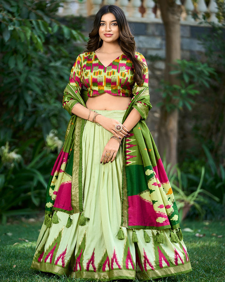 Pista Color Print With Foil Work Tussar Silk Lehenga Choli