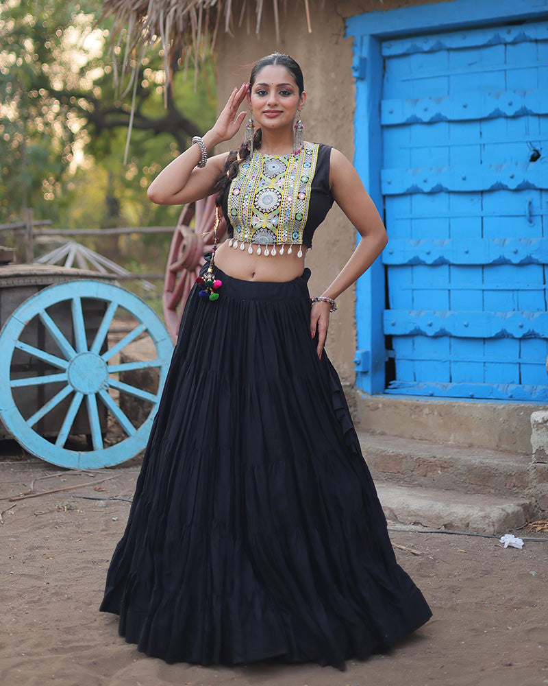 Black Color Rayon Frill And Embroidered Navratri Lehenga