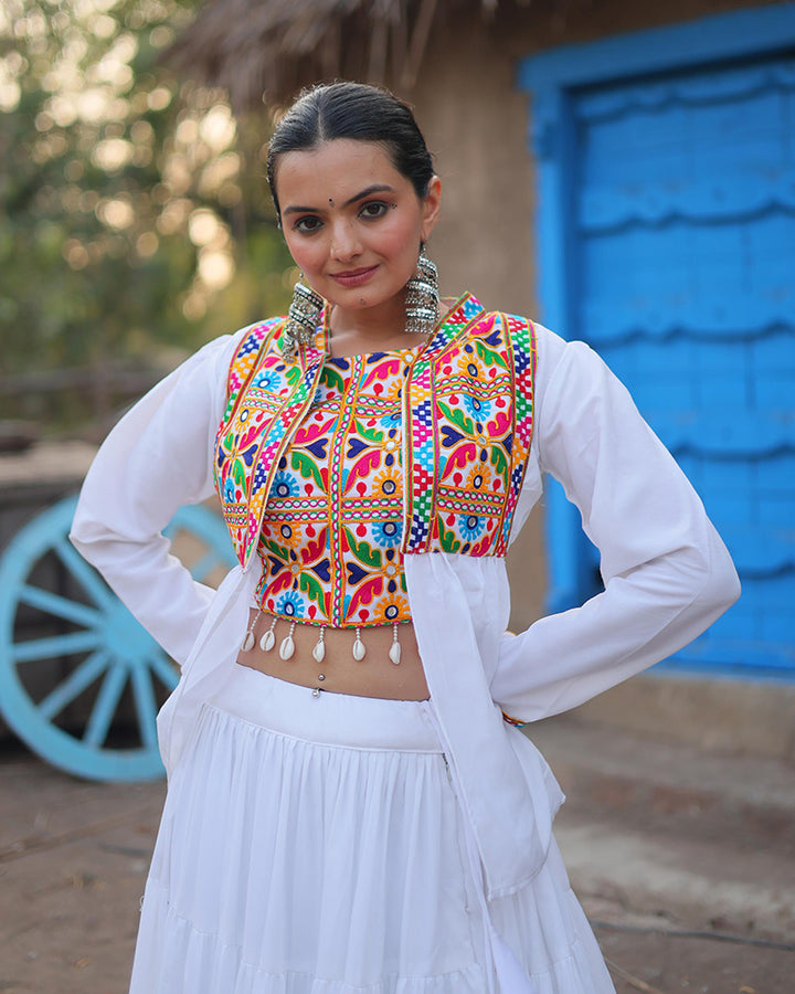 White Color Rayon Frill And Embroidered Navratri Lehenga