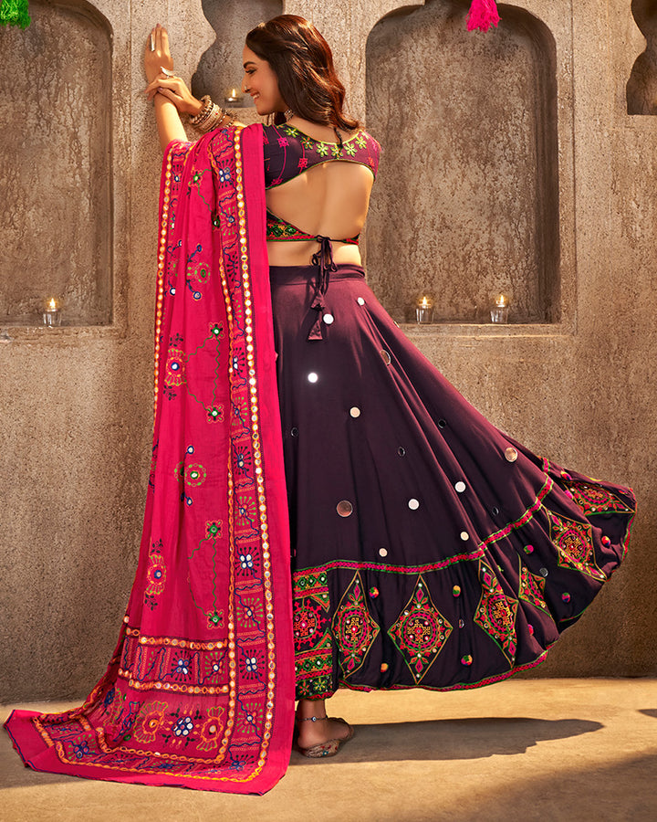 Purple Color Viscose Rayon Thread Embroidered Navratri Lehenga Choli