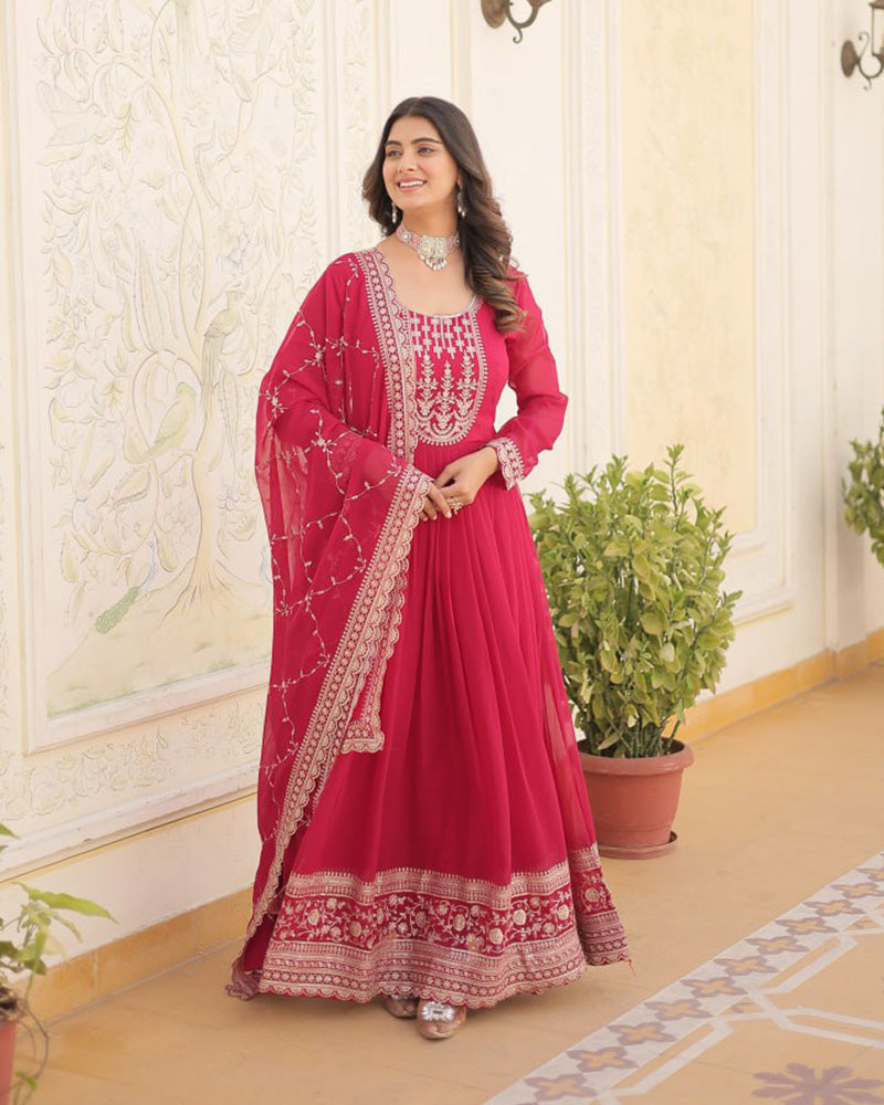 Exclusive Design Pink Color Anarkali Gown With Sequence Embroidery Dupatta