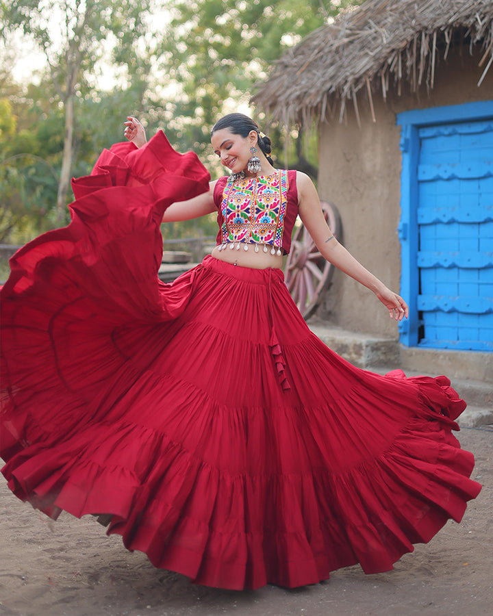 Maroon Color Rayon Frill And Embroidered Navratri Lehenga Choli