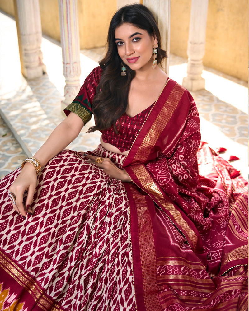 Maroon Color Tussar Silk Ikkat And Foil Work Lehenga Choli