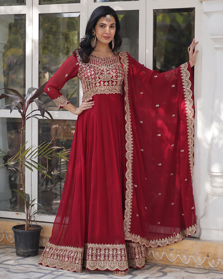 Designer Ruby Red Color Gown With Sequence Embroidered Dupatta