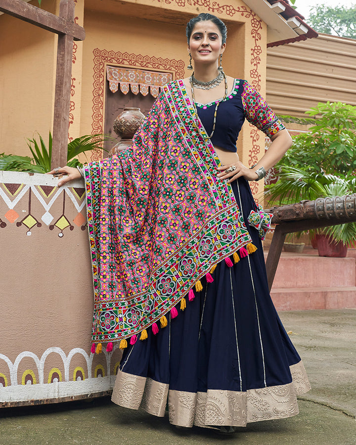 Navy Blue Color Viscose Rayon Fully Stitched Navratri Lehenga Choli