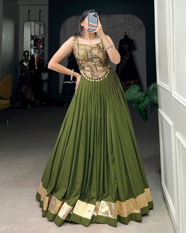 Olive Green Color Rayon Navratri Lehenga Choli