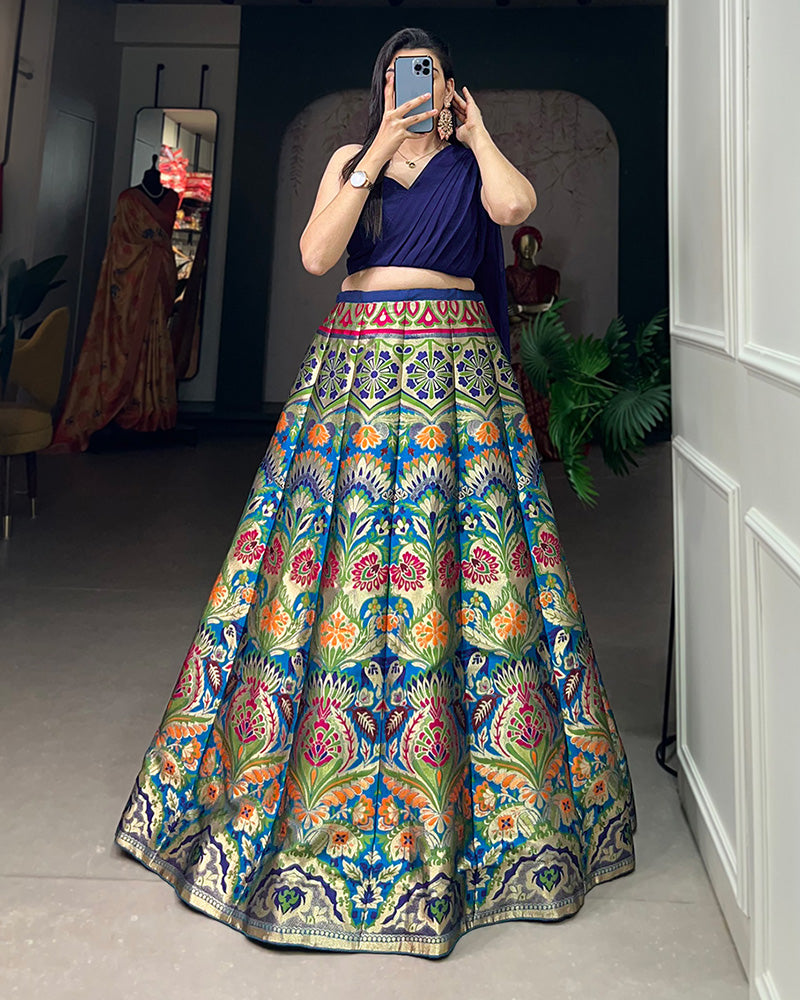 Navy Blue Color Beautiful Banarasi Silk Full Stitched Lehenga Choli