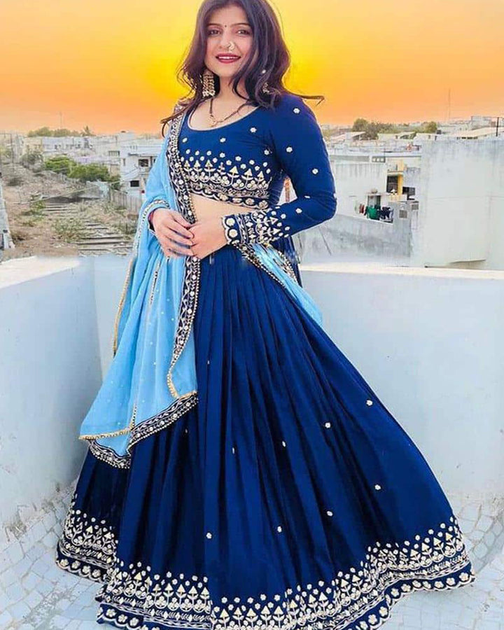 Designer Soft Georgette Embroidery Blue Lehenga Choli