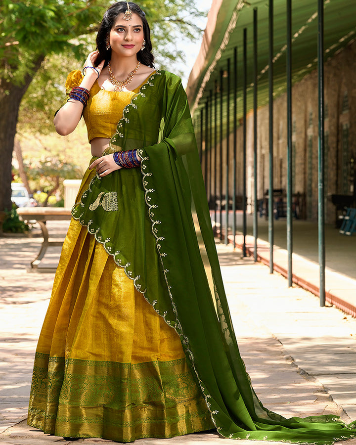 Designer Yellow Color Kanjivaram Lehenga Choli With Georgette Dupatta