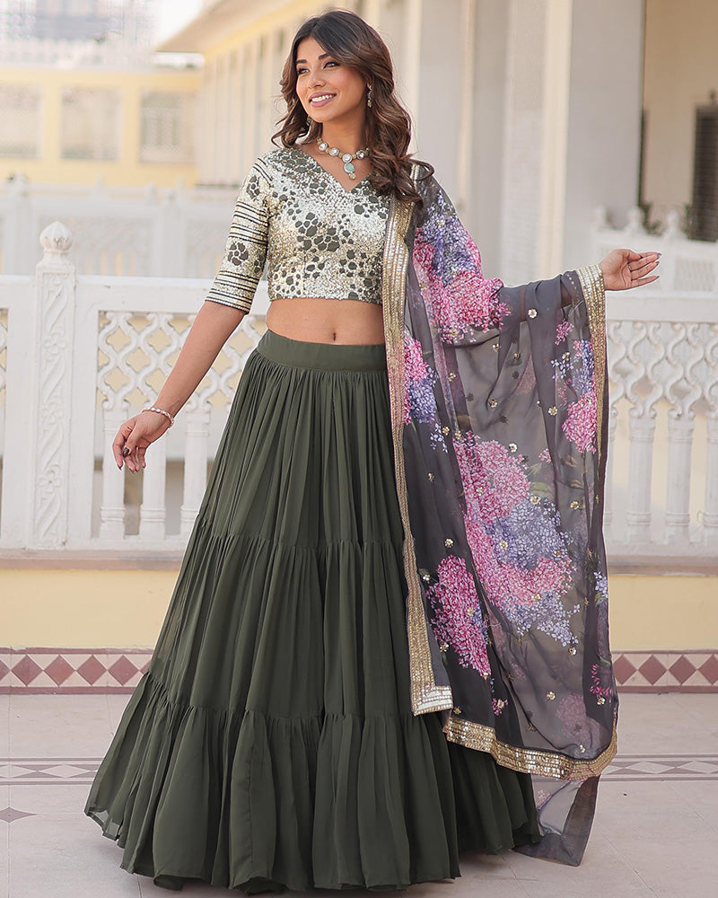 Designer Mehndi Color Faux Georgette Three Layer Lehenga Choli