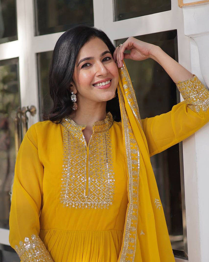 Designer Yellow Color Gown With Sequence Embroidered Dupatta