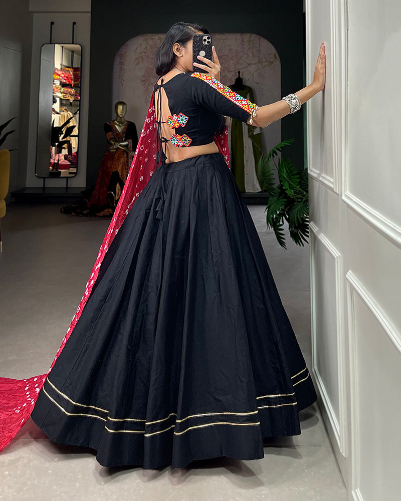 Designer Black Color Cotton Fully Stitched Lehenga Choli With Bandhej Dupatta