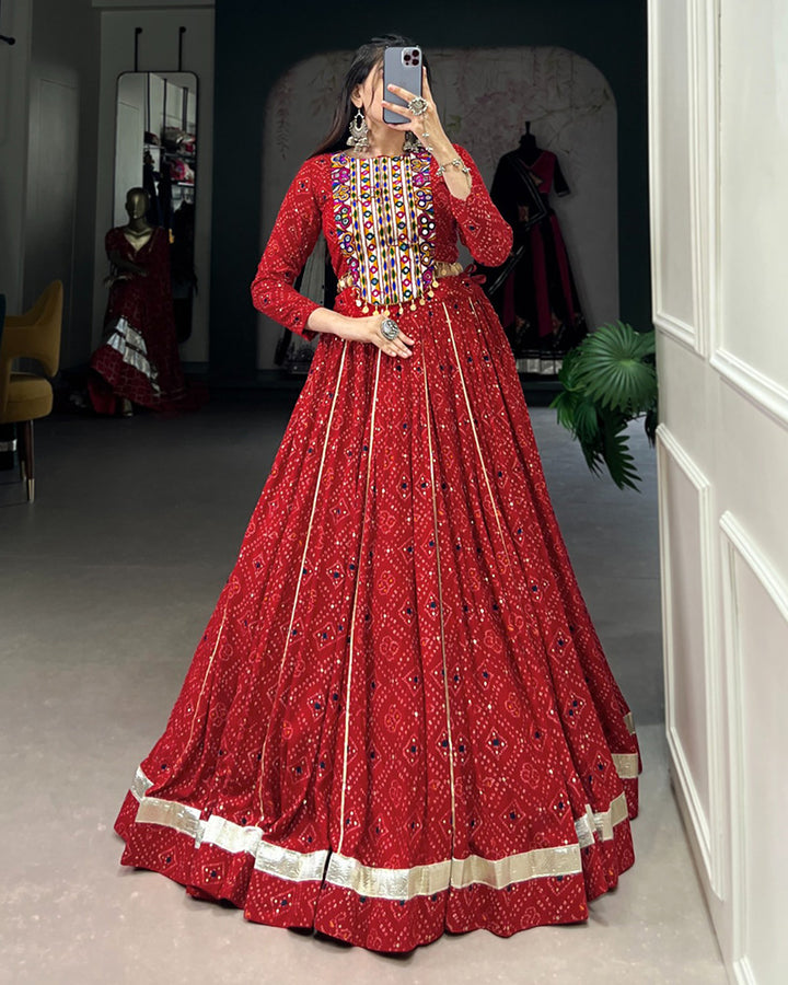 Red Color Rayon Foil Printed Navratri Lehenga Choli