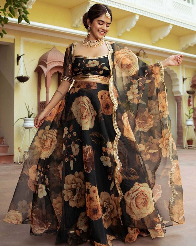 Black Color Organza Printed Lehenga Choli