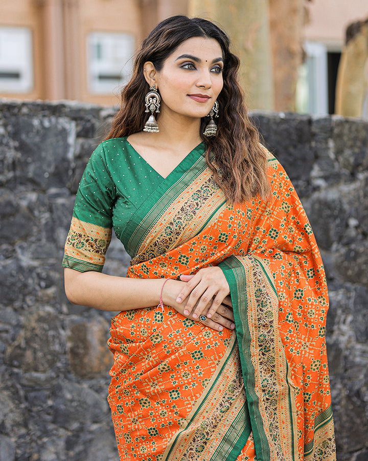 Orange Color Foil Print Stone Work Dola Silk Saree