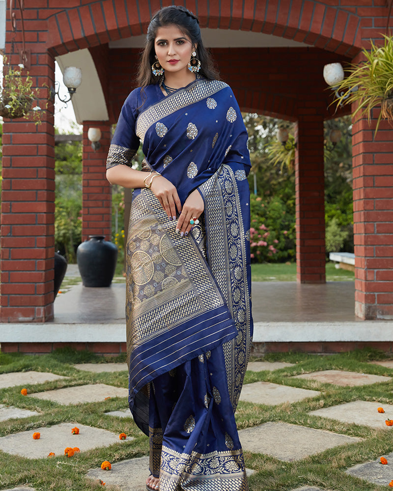 Beautiful Navy Blue Color Banarasi Weaving  Silk Saree