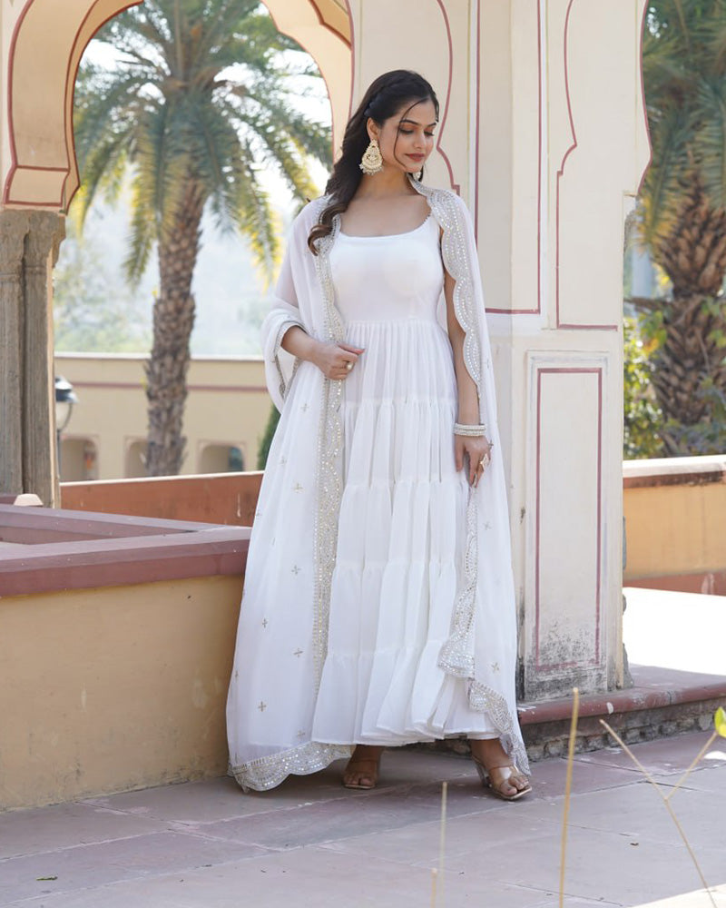 White Color Georgette Frill Gown With Embroidered Dupatta