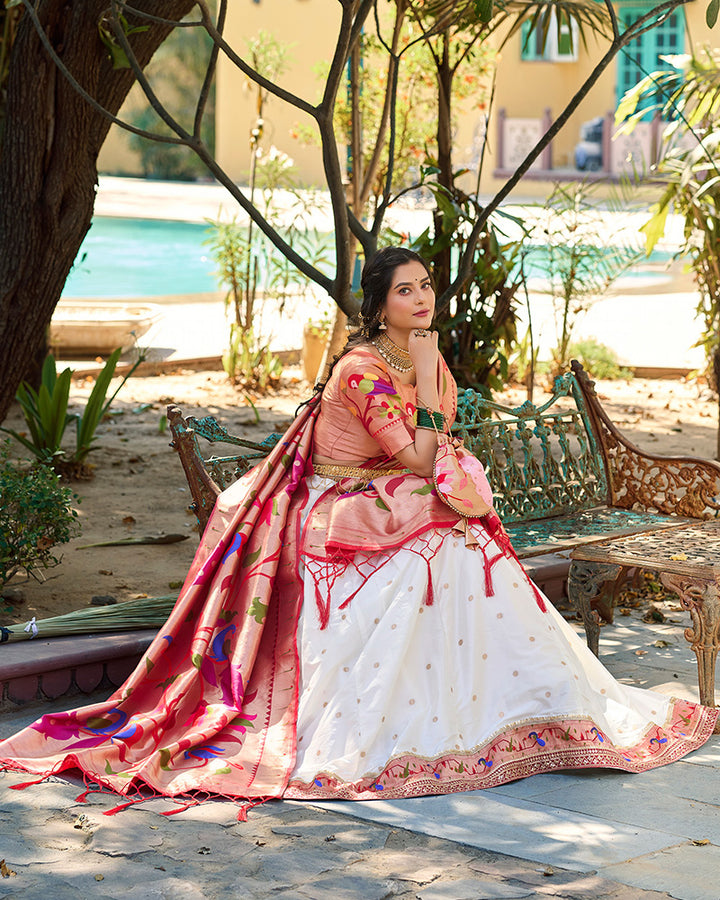 White Color Jacquard Paithani Silk Lehenga Choli