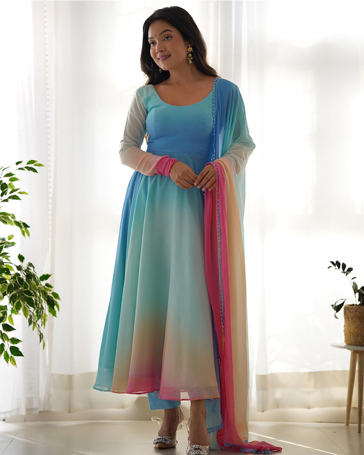 Multi Color Georgette Anarkali With Pant And Dupatta