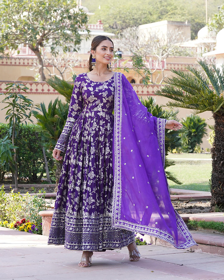 Beautiful Purple Color Viscose Jacquard Gown With Russian Silk Dupatta