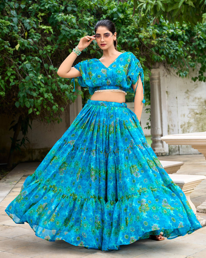 Sky Blue Color Chiffon Floral Printed Lehenga Choli