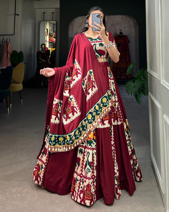 Maroon Color Rayon Printed Silk Navratri Lehenga Choli