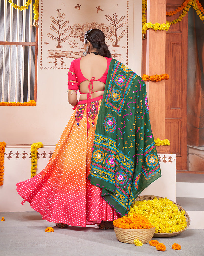 Yellow Pink Color Rayon Real Mirror Navratri Lehenga Choli With Cotton Dupatta