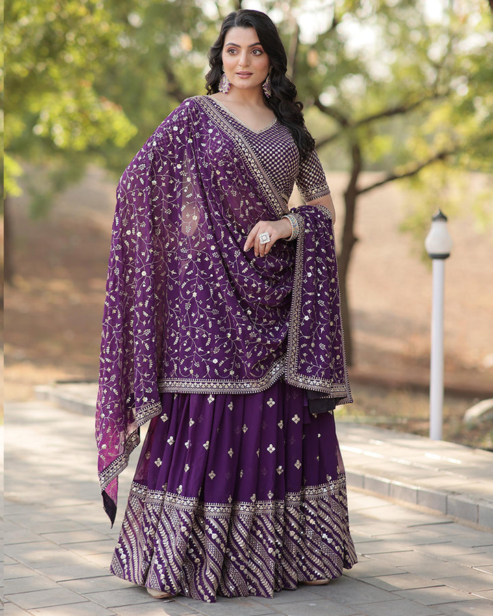 Wedding Wear Dark Purple Color Blooming Embroidered Lehenga Choli