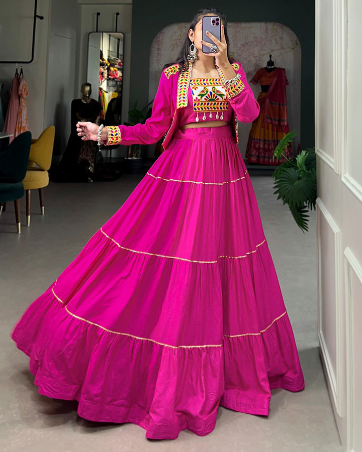 Pink Color Pure Rayon Frill And Gamthi Work Navratri Lehenga Choli