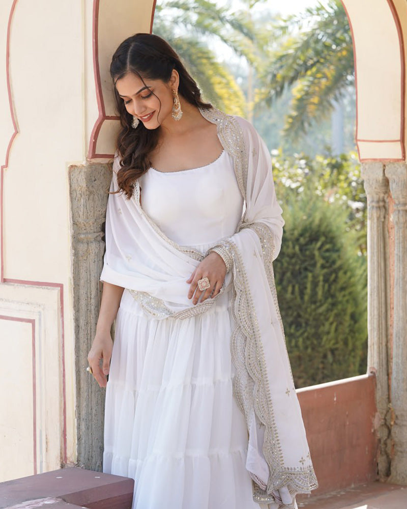 White Color Georgette Frill Gown With Embroidered Dupatta