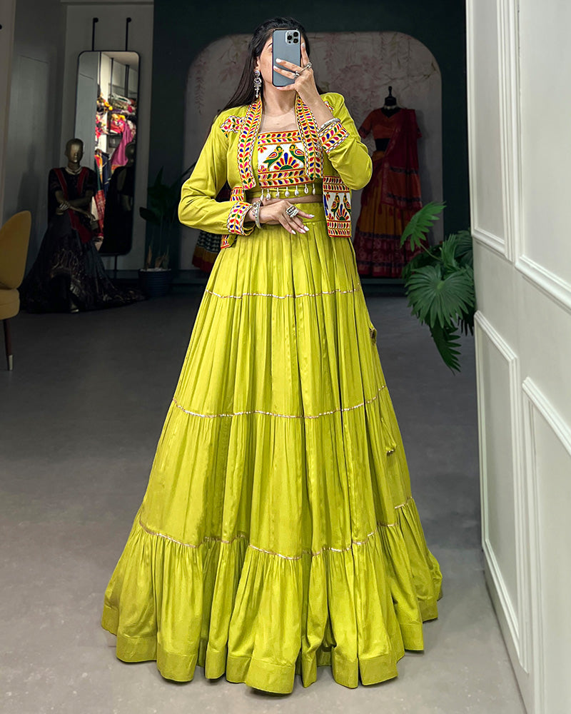 Parrot Green Color Pure Rayon Frill And Gamthi Work Navratri Lehenga Choli