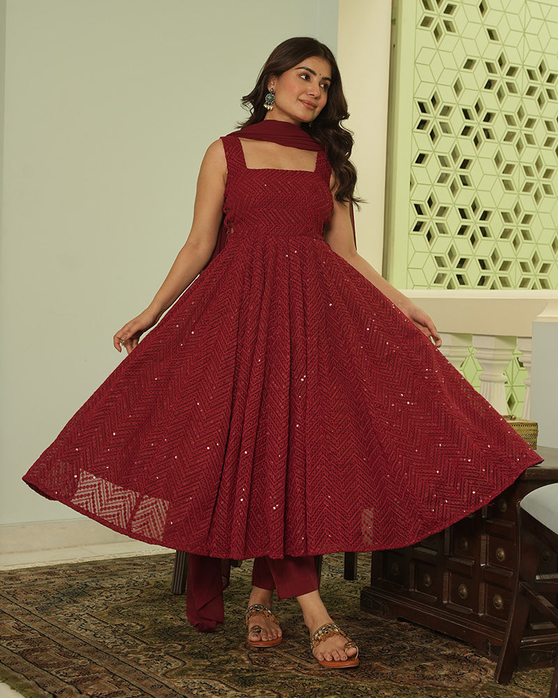 Maroon Color Soft Georgette Embroidered Lucknowi Salwar Suit