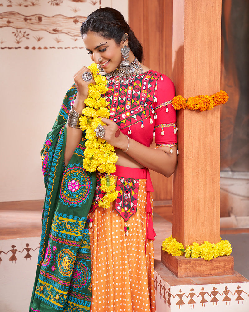 Yellow Pink Color Rayon Real Mirror Navratri Lehenga Choli With Cotton Dupatta