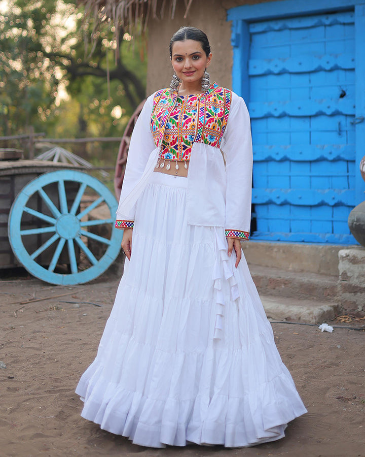 White Color Rayon Frill And Embroidered Navratri Lehenga