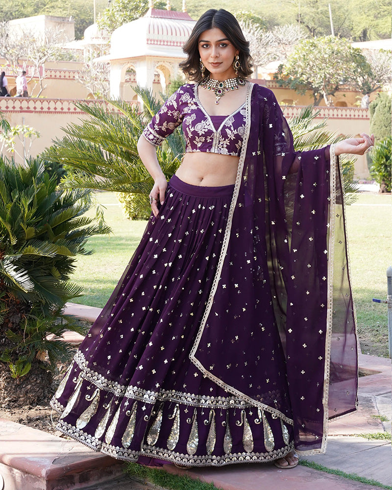 Wedding Wear Wine Color Blooming Embroidery Lehenga Choli