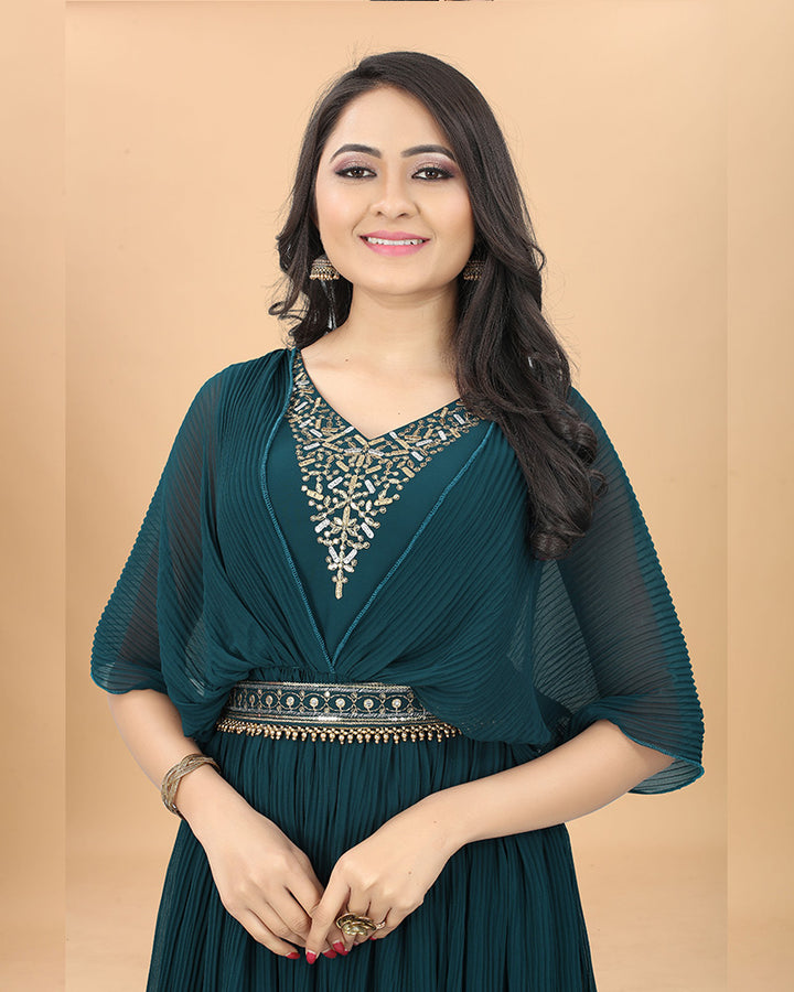 Rama Green Color Embroidered Georgette Anarkali Gown